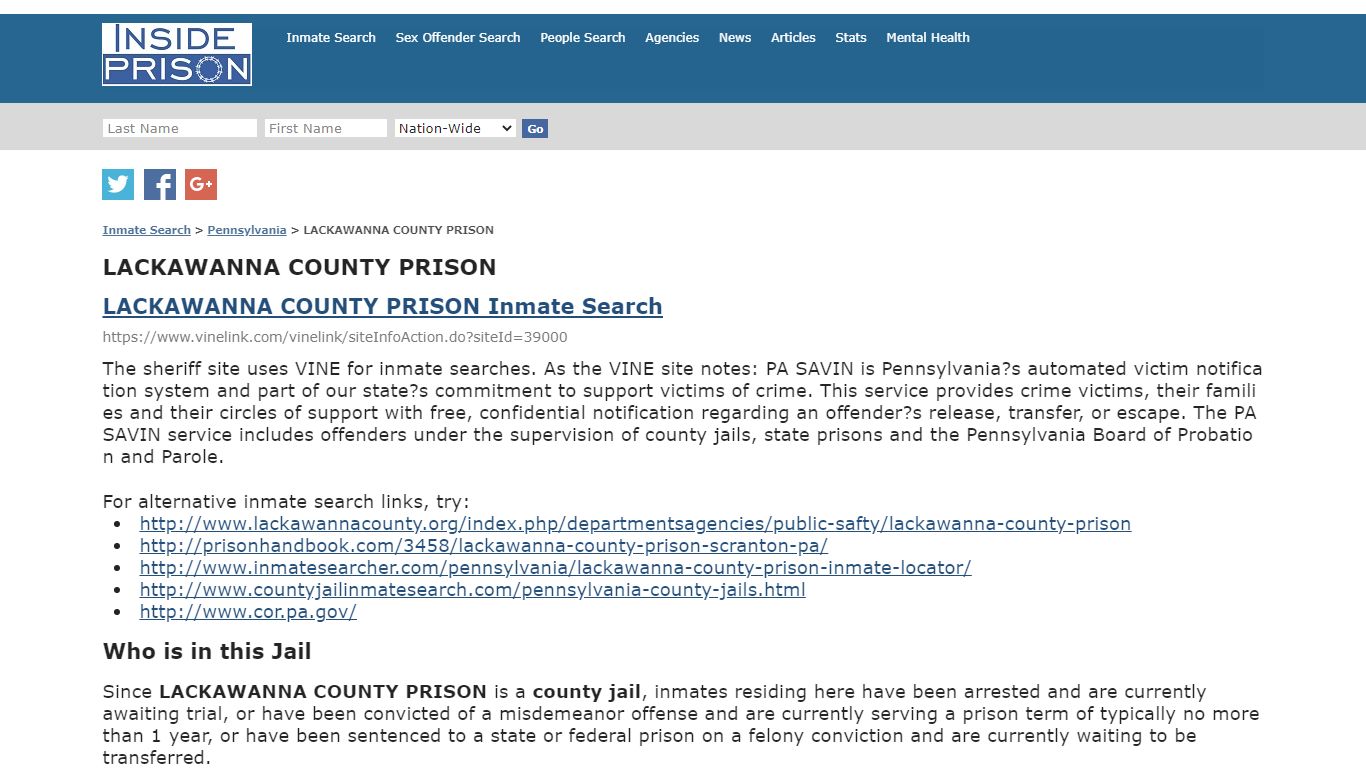 LACKAWANNA COUNTY PRISON - Pennsylvania - Inmate Search